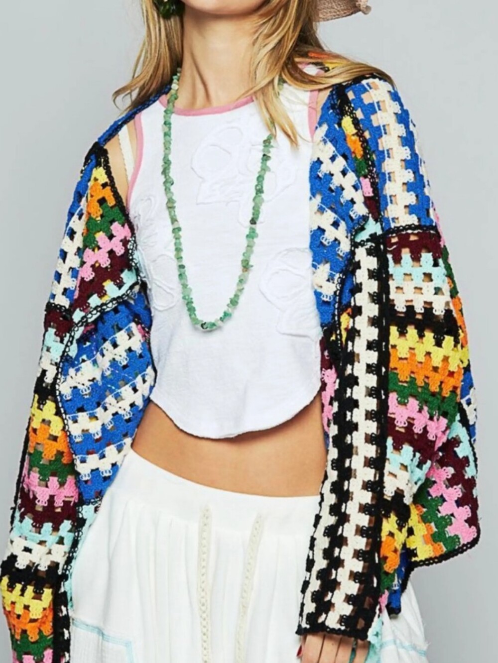 POL Multicolor Crochet Patchwork Cardigan in Blue, White, Green & Pink Women's